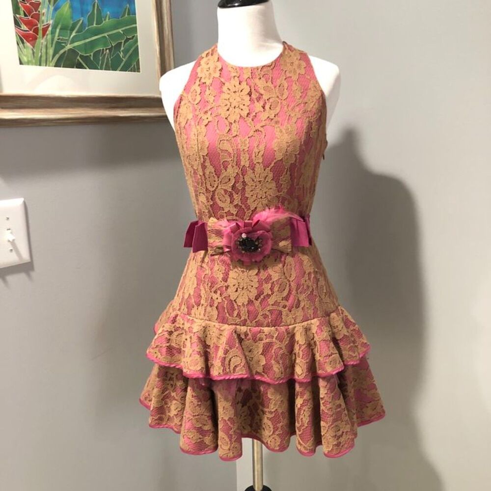 Twelve by Twelve Los Angeles Drop Waist Lace Overlay Pink Tan Dress w/Belt  XS/2